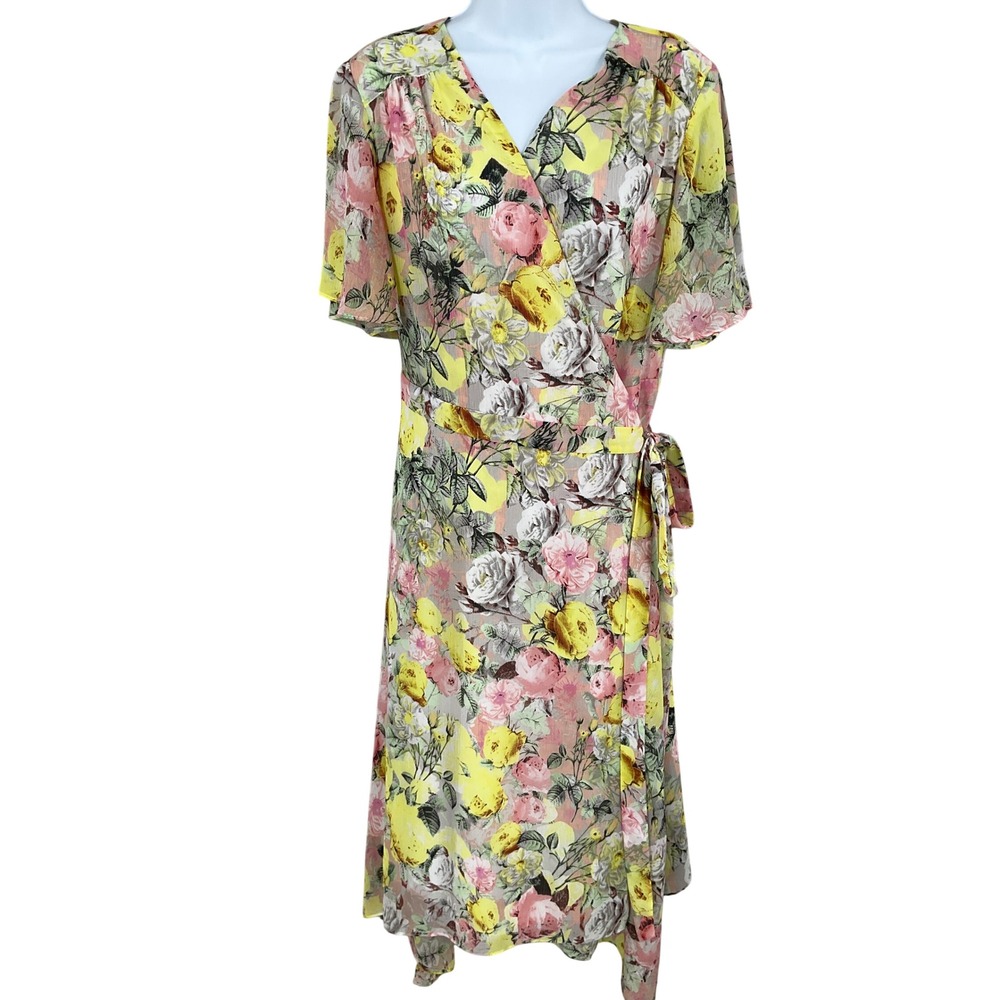 INC International Concepts Faux Wrap Dress Women 14W Yellow Floral Wedding Guest